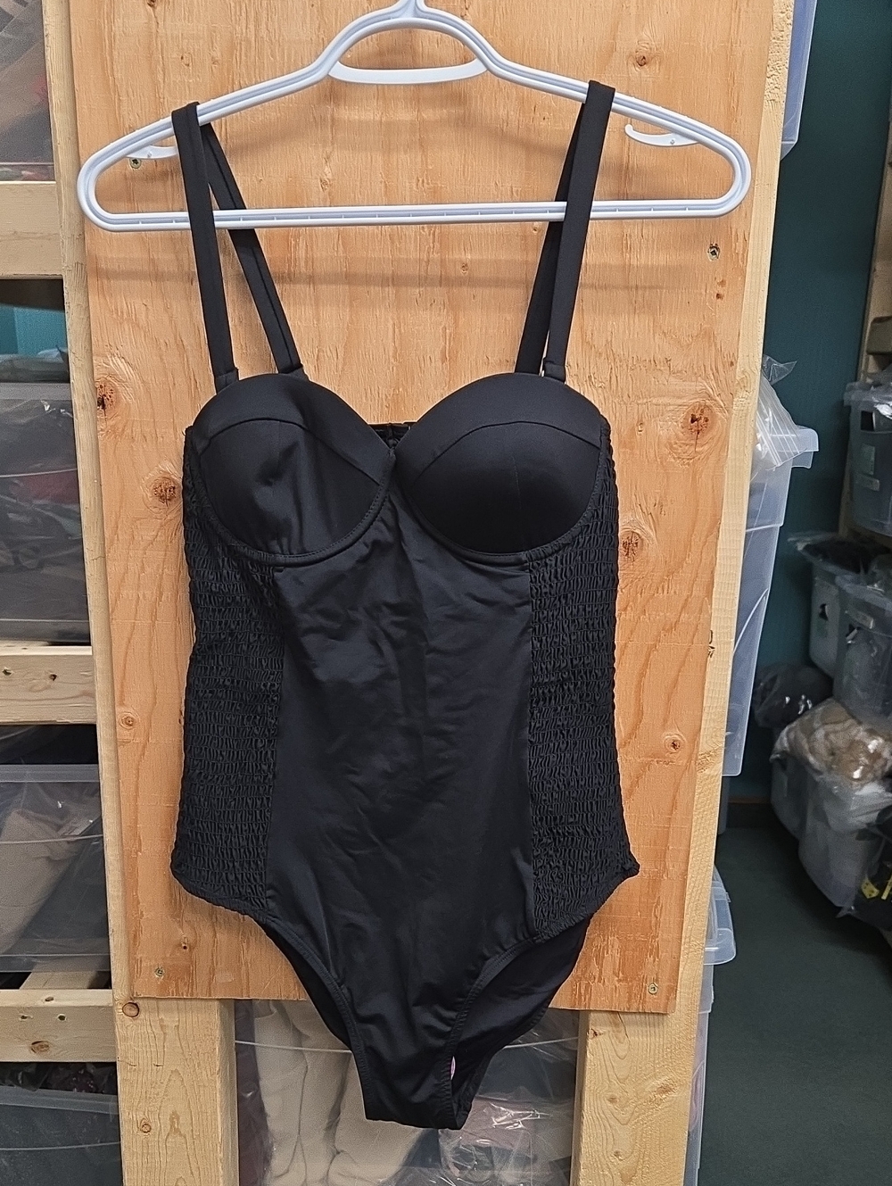 Betsey Johnson Size M Black Underwire Smocked One Piece Swimsuit